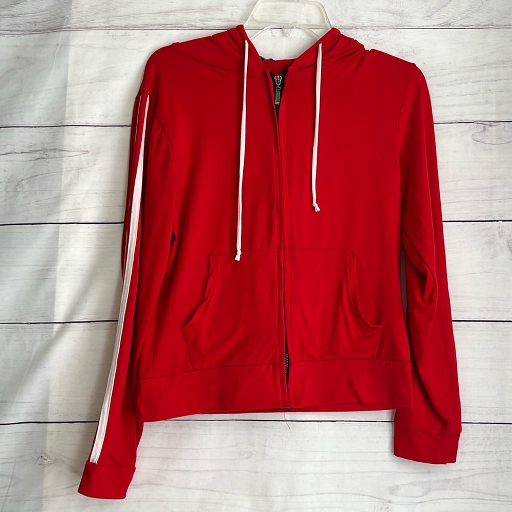Fashion Nova Red Hooded White Striped Full Zip Sweatshirt XL